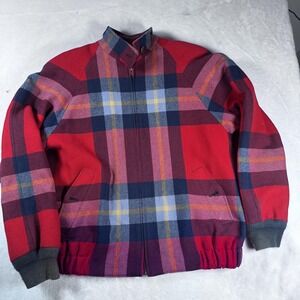 Vintage‎ Pendleton Wool Jacket Mens Red Navy Plaid Zip Front Lined Made USA 90s